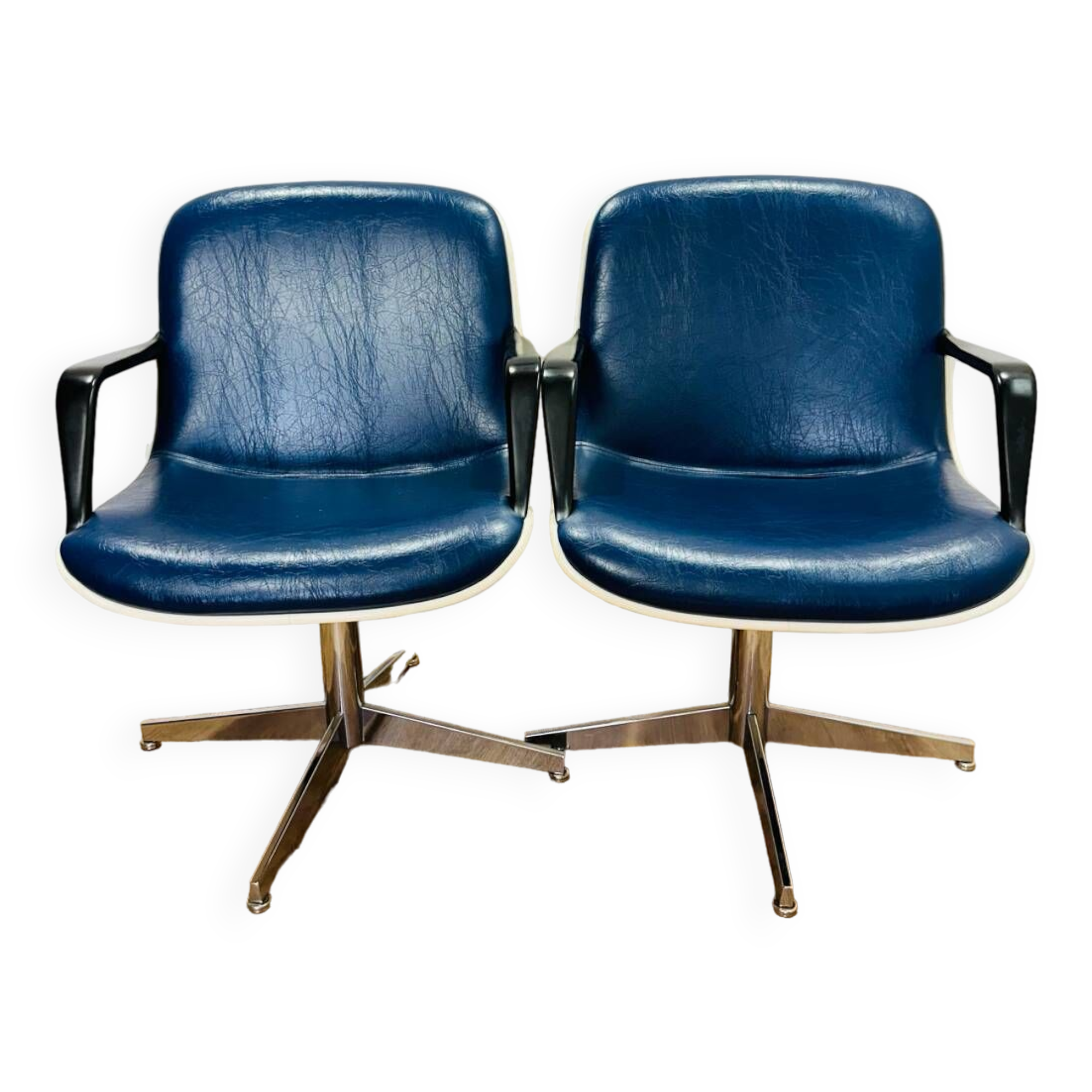 2 office chairs attr. to Strafor, white molded plastic shell, blue skai and chrome metal star base
