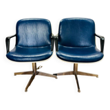 2 office chairs attr. to Strafor, white molded plastic shell, blue skai and chrome metal star base