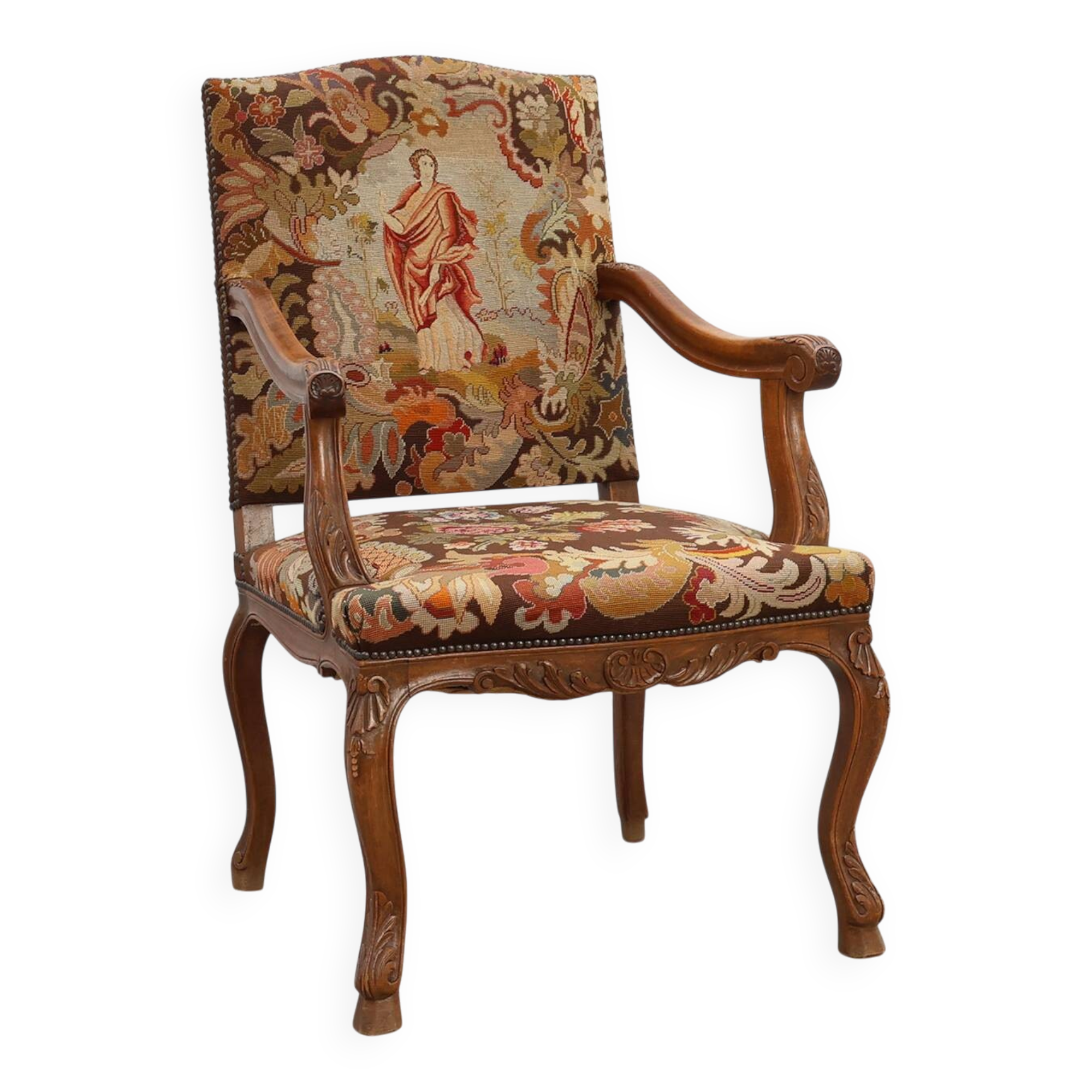 Louis XV Style Carved Walnut Armchair with Needlepoint Upholstery, France