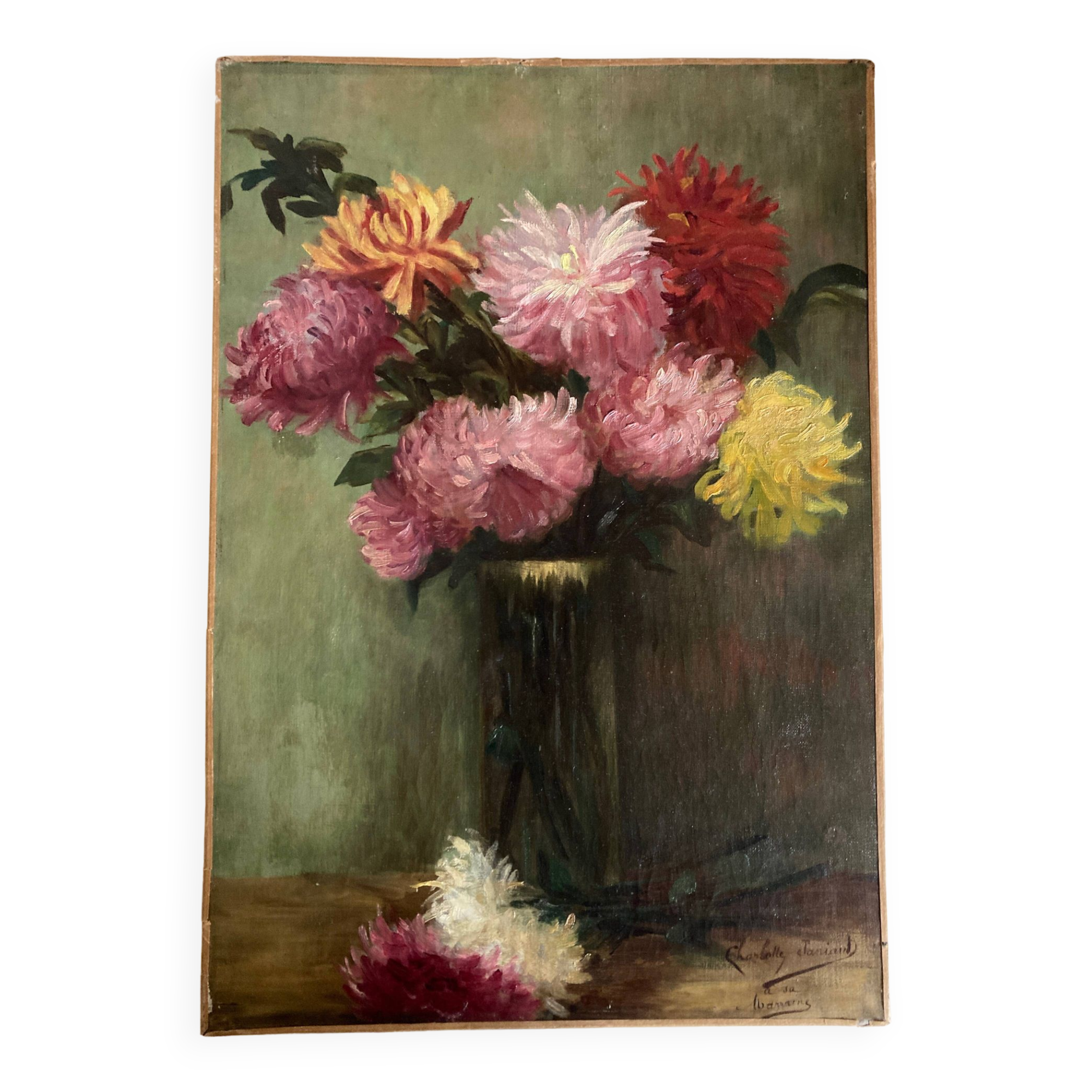 Oil on canvas signed Charlotte to her godmother dahlias 1900