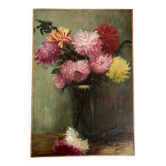 Huile sur toile signée Charlotte à sa marraine dahlias 1900