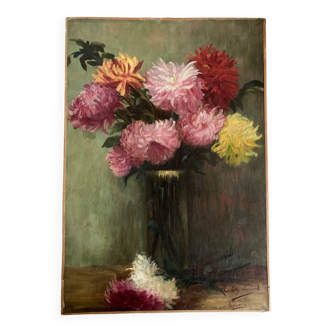 Huile sur toile signée Charlotte à sa marraine dahlias 1900