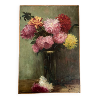 Oil on canvas signed Charlotte to her godmother dahlias 1900