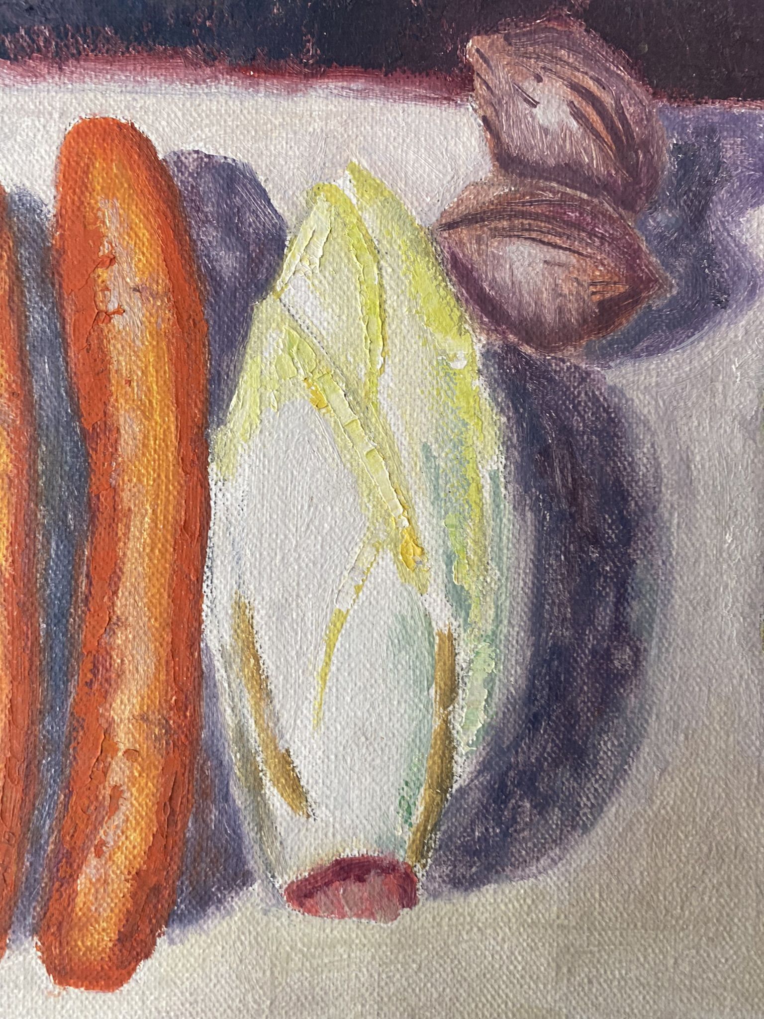 Old painting, still life with endive nuts and sausages, signed and dated 80