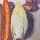 Old painting, still life with endive nuts and sausages, signed and dated 80