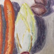 Old painting, still life with endive nuts and sausages, signed and dated 80