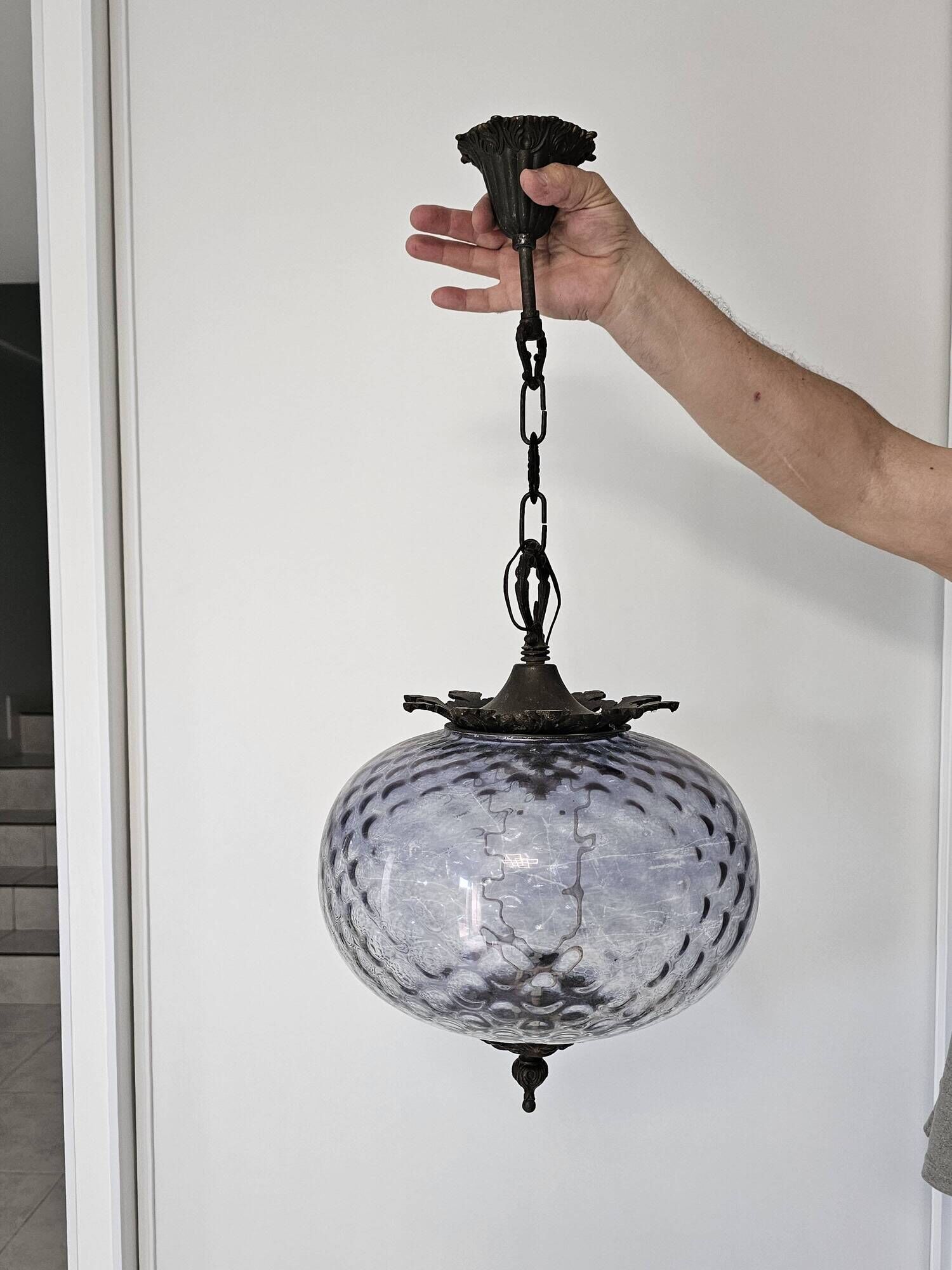 Antique French Victorian style bronze and purple glass pendant light