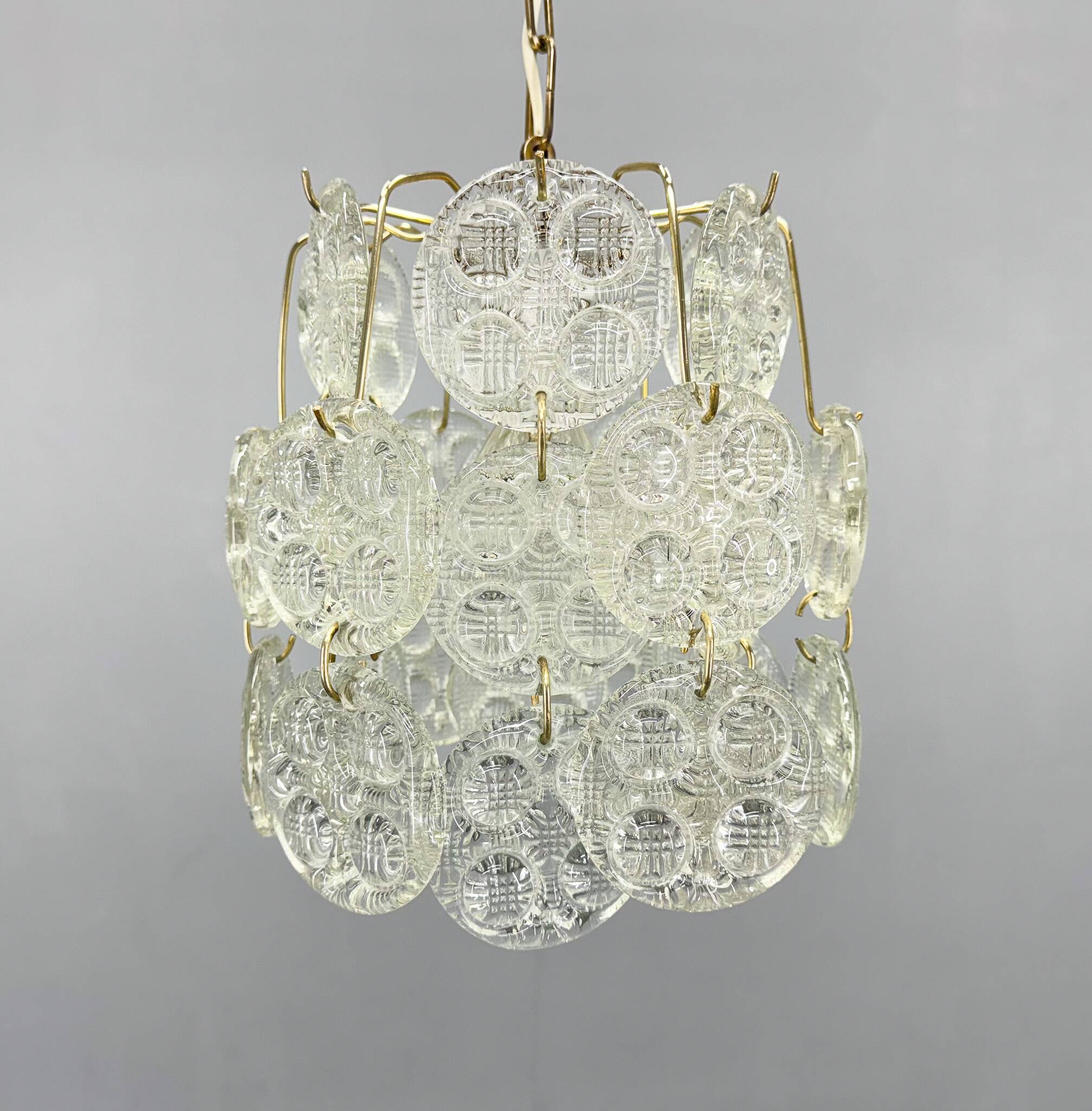 1970s Brass & Pressed Glass Chandelier, Czechoslovakia