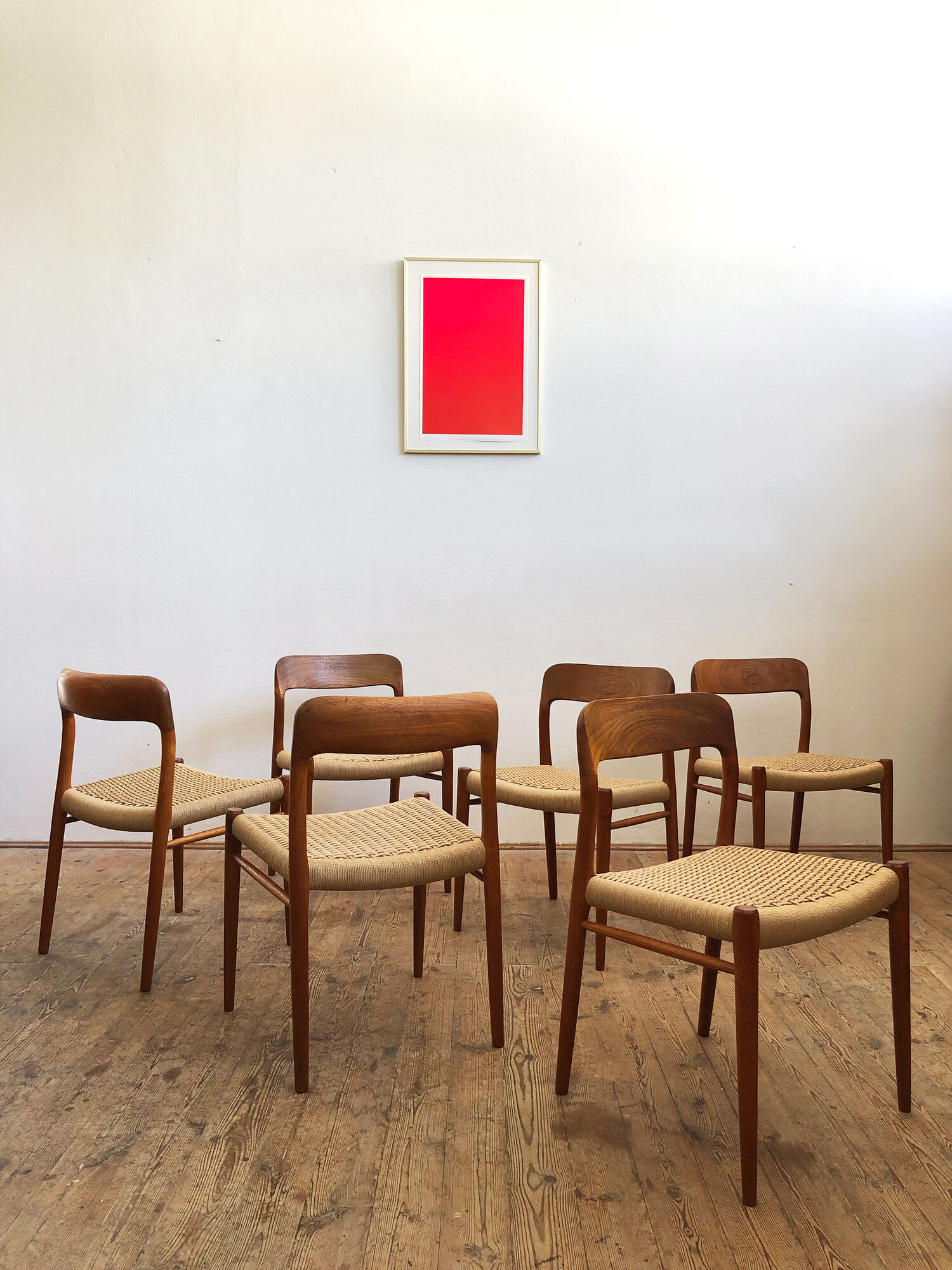 Set of 6 dining chairs, model 75 by Niels O. Møller in teak and paper cord