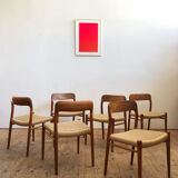 Set of 6 dining chairs, model 75 by Niels O. Møller in teak and paper cord