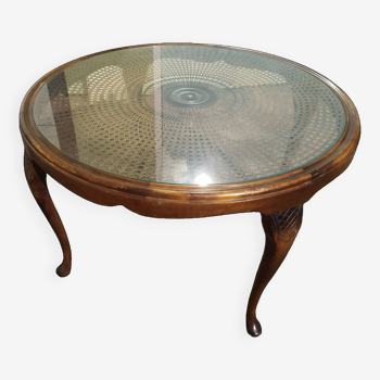 Chippendale Coffee Table in Wood, Canework and Glass - Round