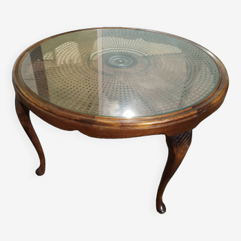 Table Basse Chippendale en Bois, Cannage et Verre - Ronde