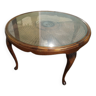 Chippendale Coffee Table in Wood, Canework and Glass - Round