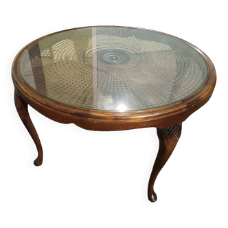 Table Basse Chippendale en Bois, Cannage et Verre - Ronde