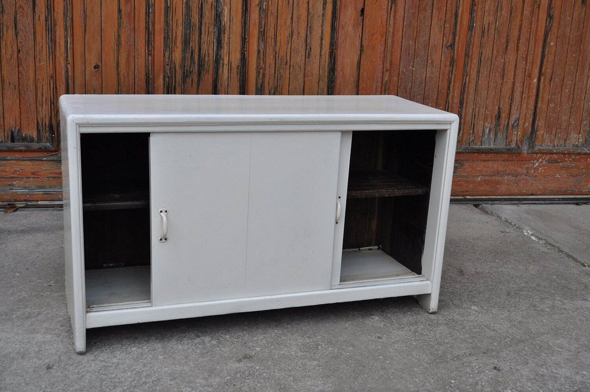White painted wooden shoe cabinet, vintage 1950s - storage cupboard for shoe polish.
