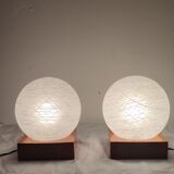 Pair of wooden and glass table lamps. Italy, 1970s.