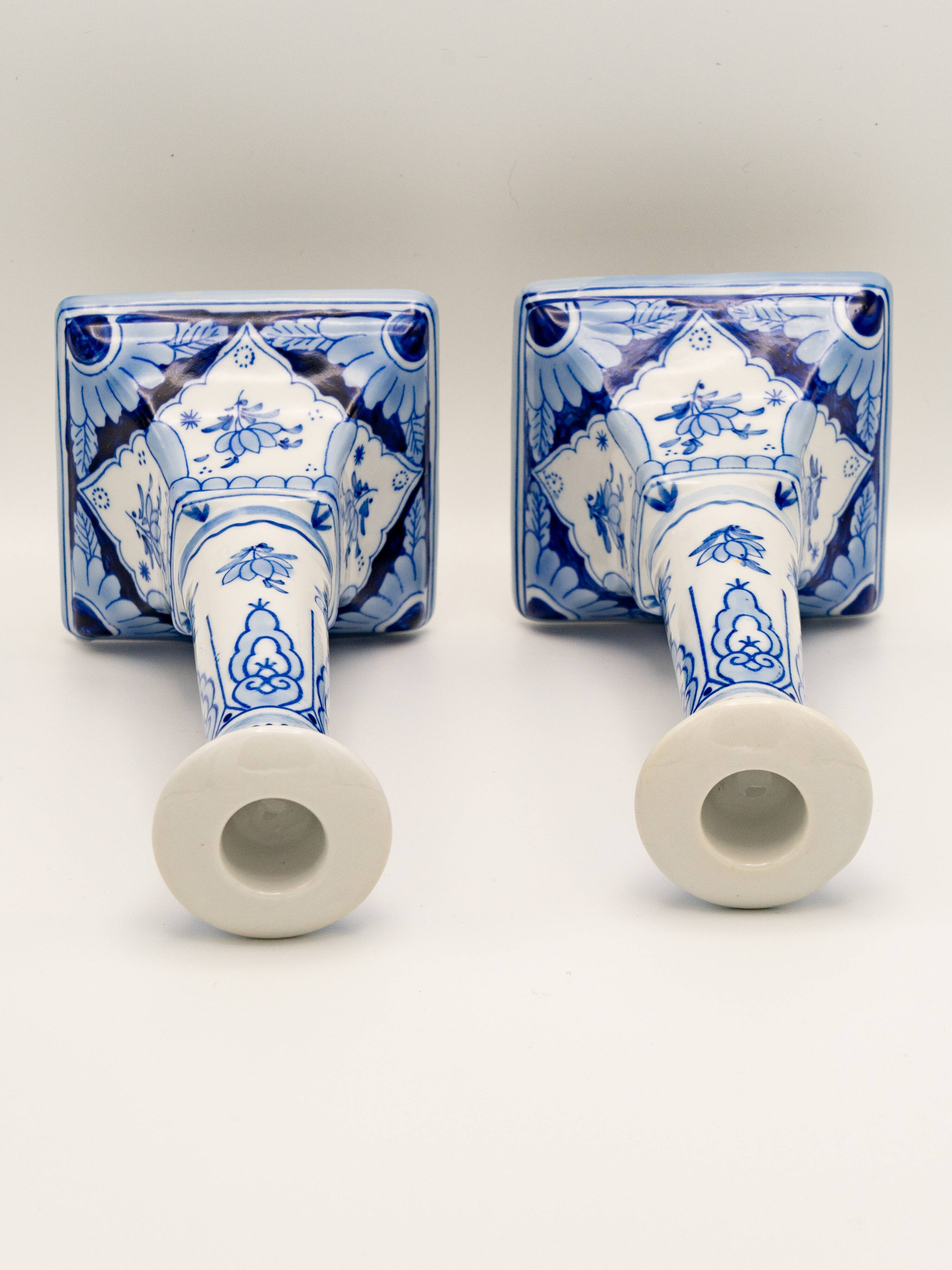 Pair of Royal Delft Blue and White Hand-Painted Ceramic Candlesticks