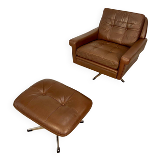 Vintage danish retro mid-century svend skipper brown leather chair & stool 60s