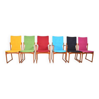 Set of 6 vintage chairs by Vamdrup Stolefabrik, Denmark 1960s Reupholstered in colored fabrics