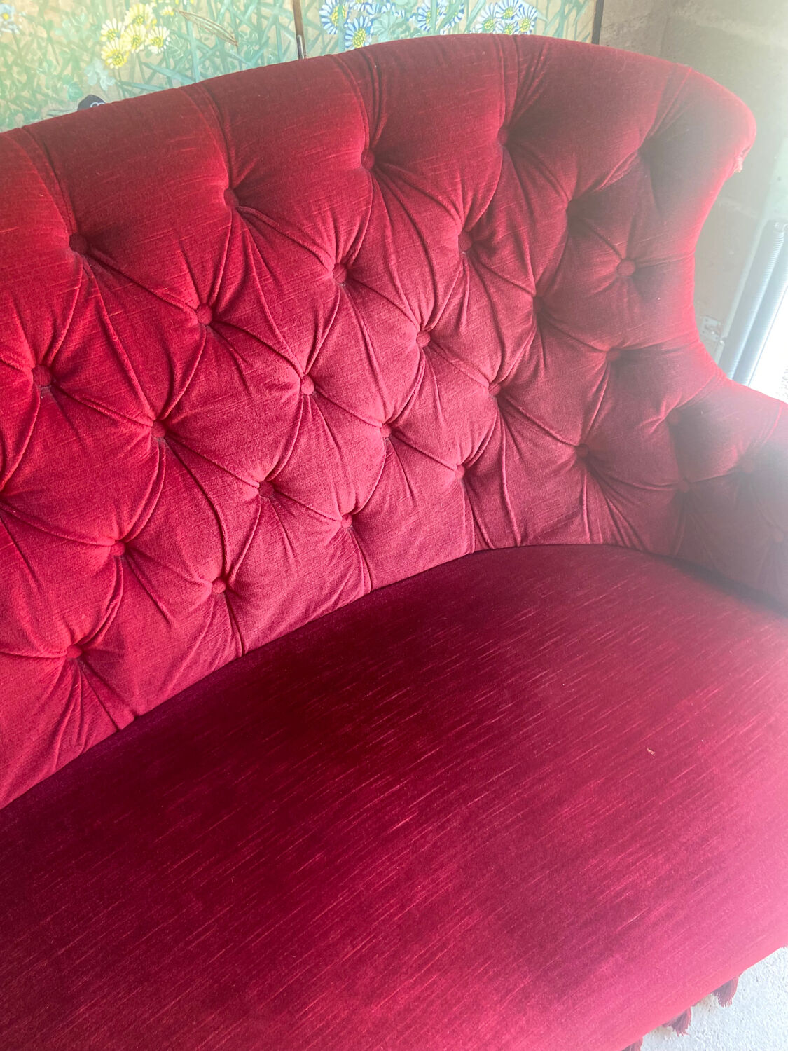 Small old Napoleon III toad sofa in red velvet