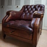 Worn Leather Buttoned Library Fireside Armchair, 1840's