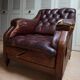 Fauteuil de bibliothèque en cuir usé avec boutons, années 1840