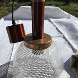 Copper suspension with white striped blown glass