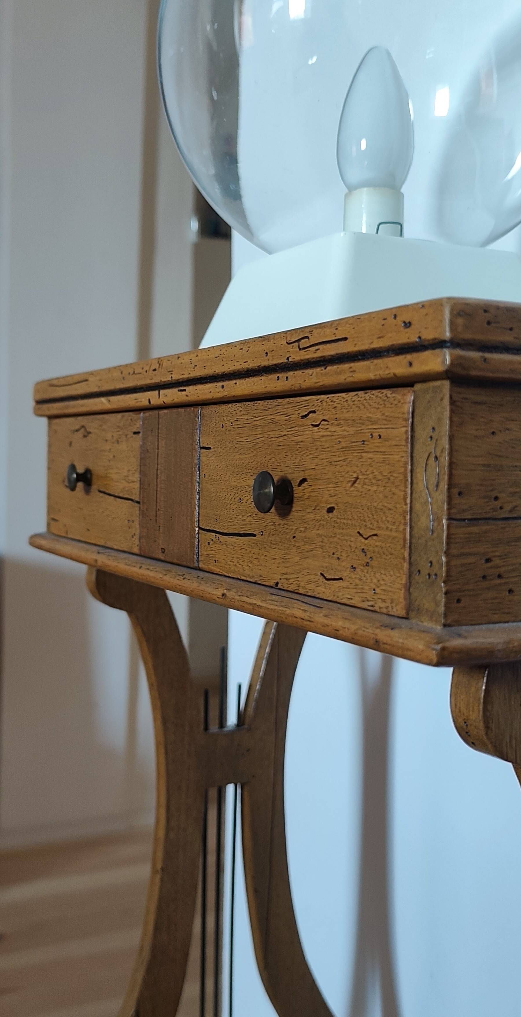 Lyre bedside table, cherry wood, 1960s.