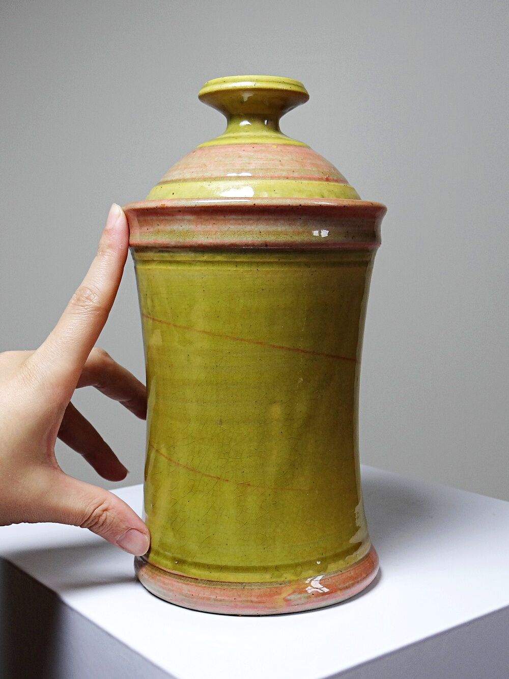 Decorative spice box in vintage two-tone glazed stoneware, handmade and signed.