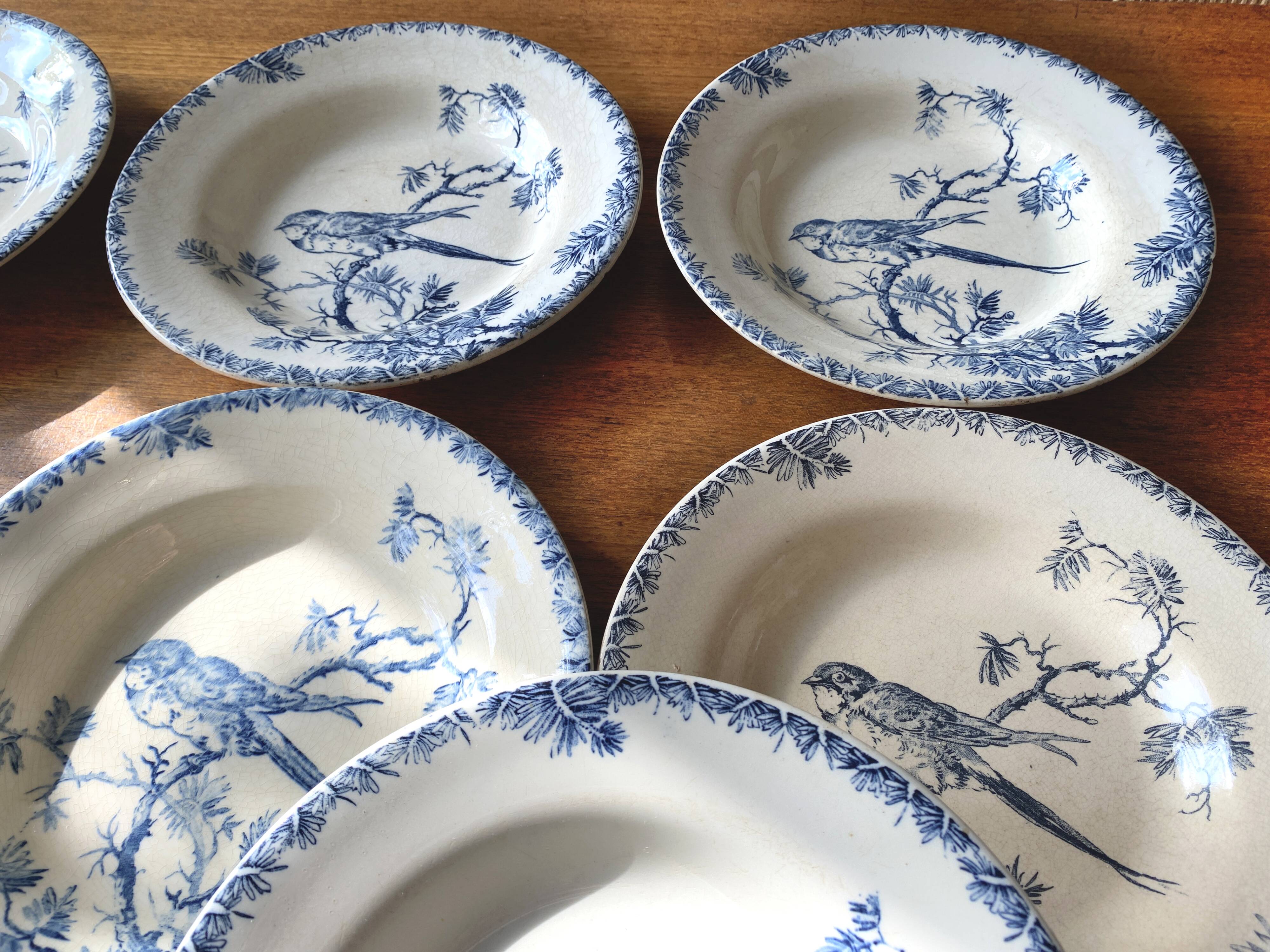 Set of 10 Gien Terre de Fer earthenware soup plates, Bird pattern, Proven