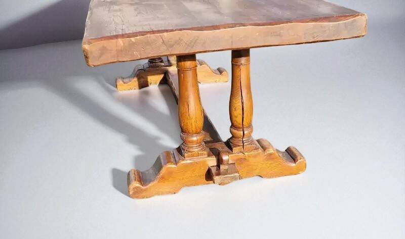 Old farmhouse dining table, 2 benches, 2 chairs