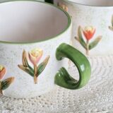 Vintage barbotine cups/mugs - Tulip pattern - Orange and green tones