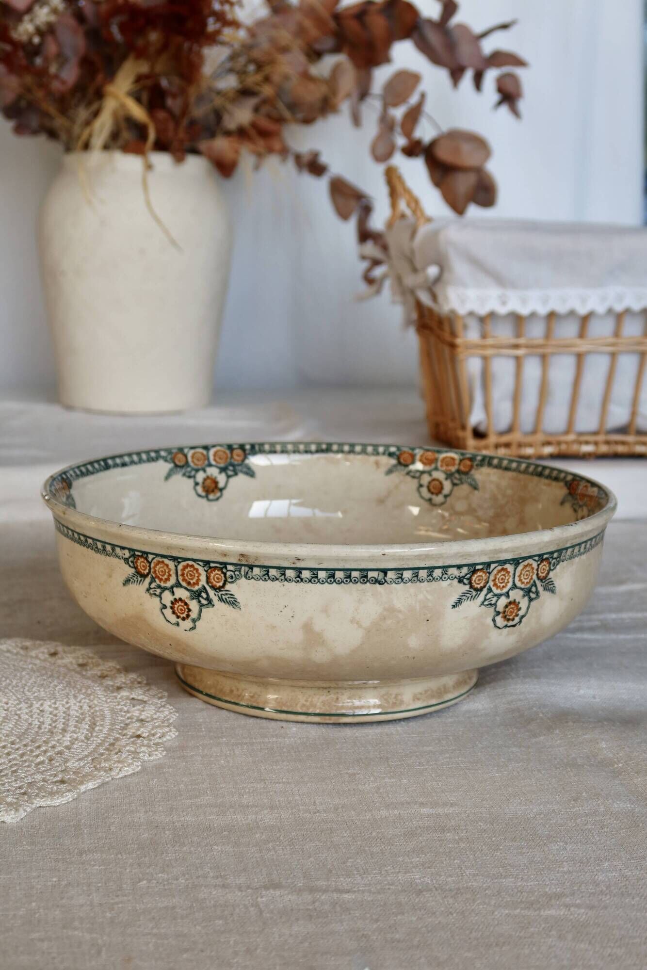 Antique ironstone salad bowl - Patina - Green and orange floral decoration