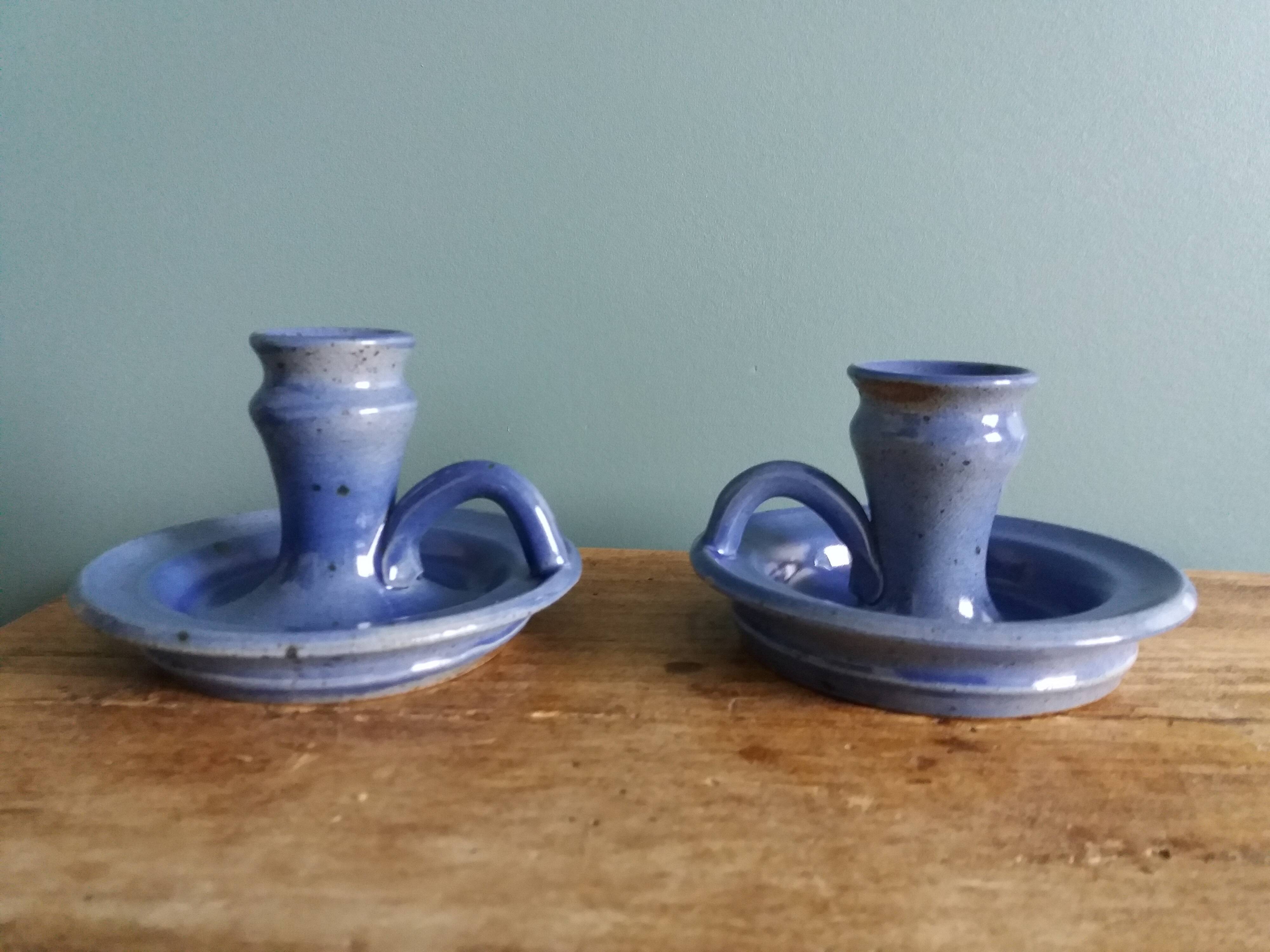 Stoneware candlesticks signed artisanal ceramics