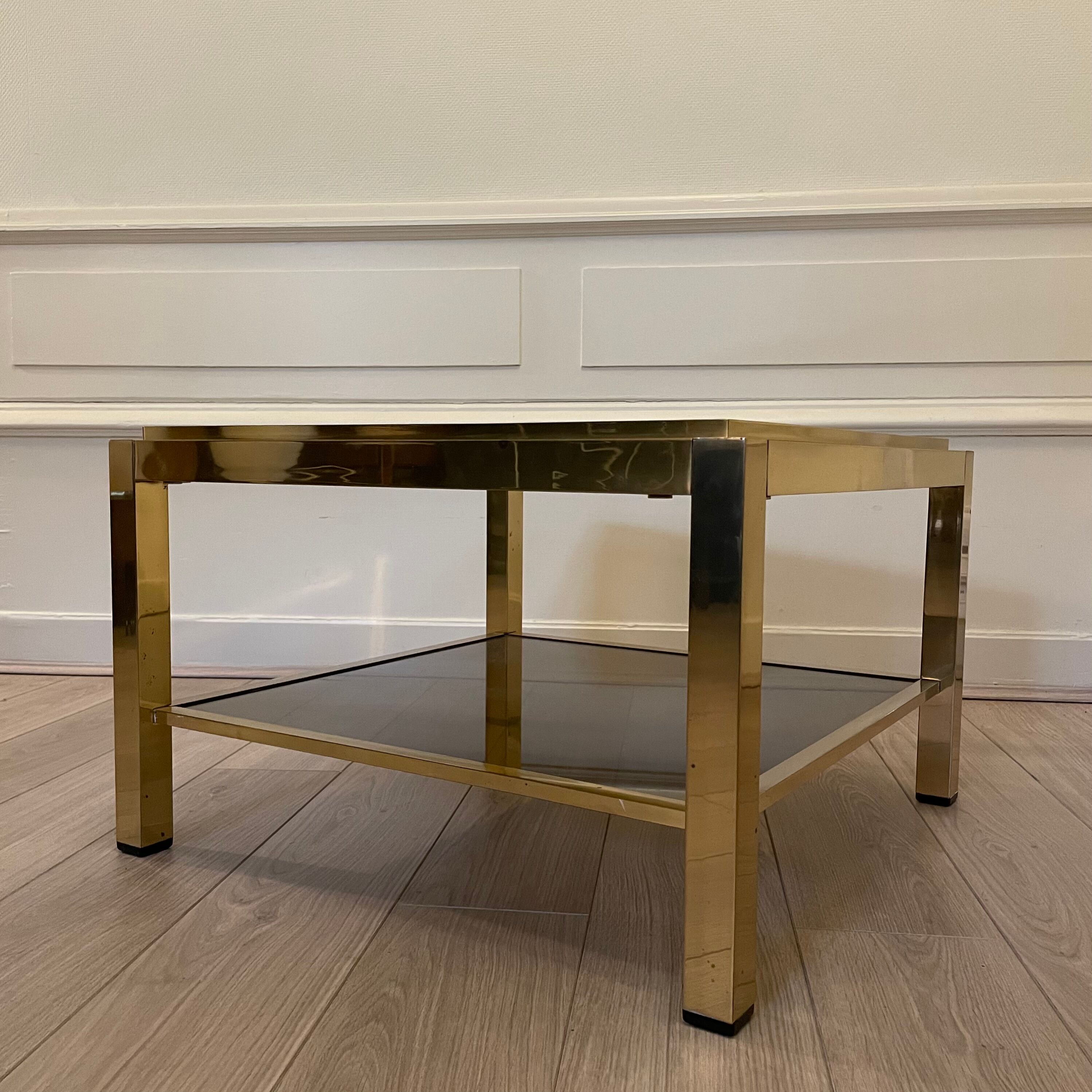 Brass coffee table, double trays in smoked glass, 1970