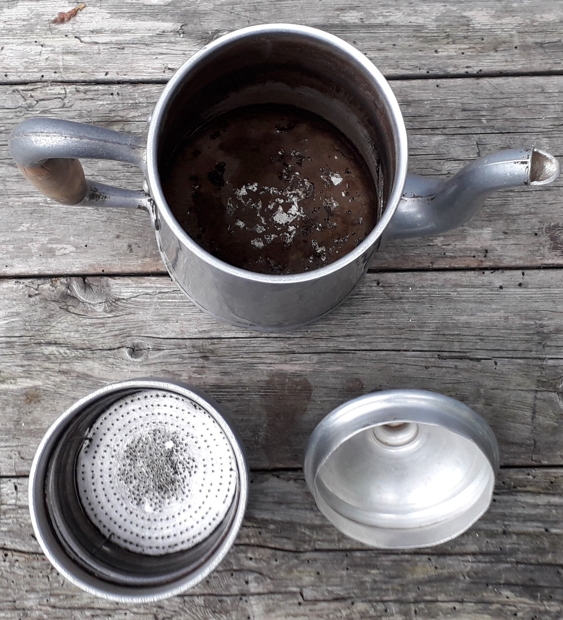 Aluminum and wood coffee pot