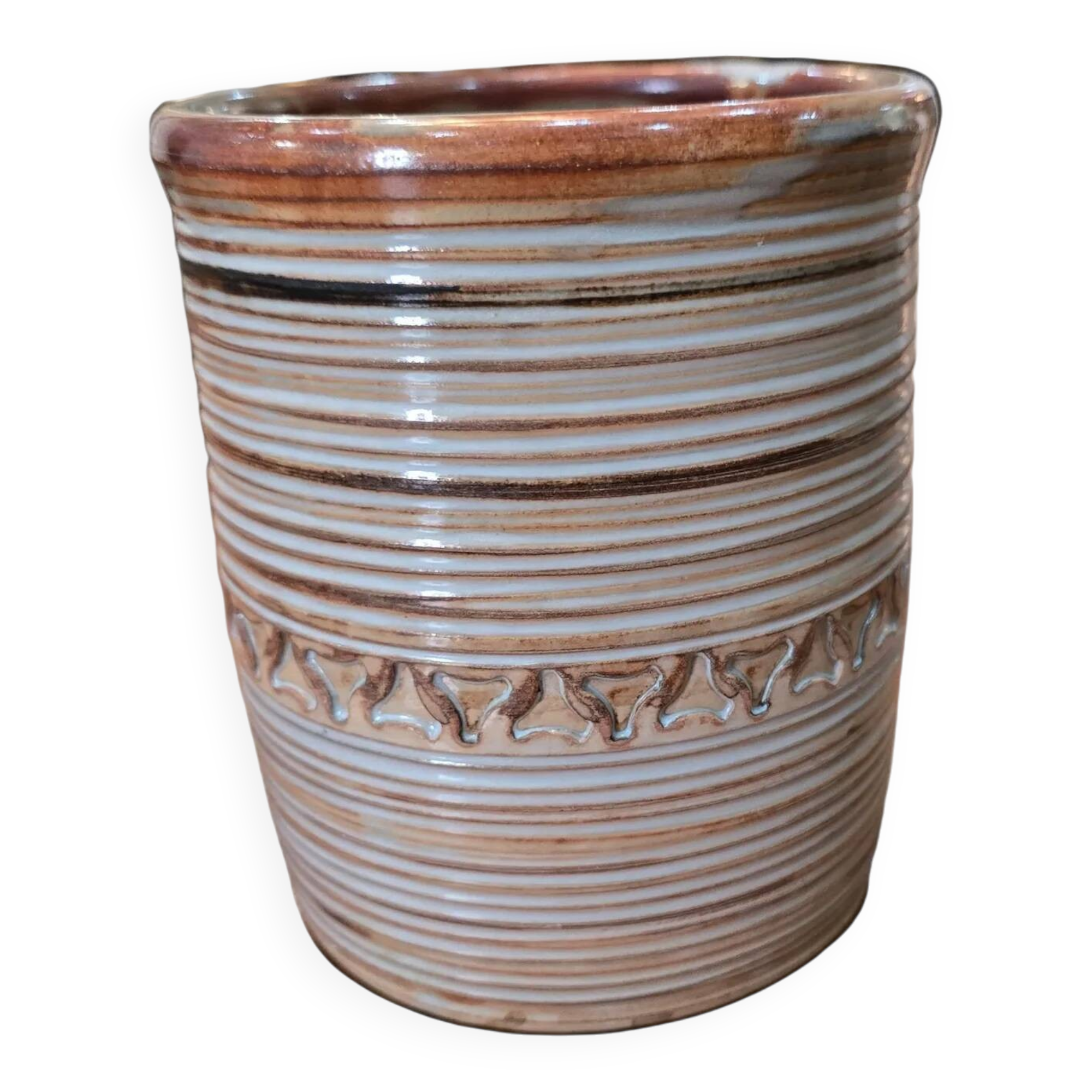 Cylindrical stoneware pot, glazed, turned, ribbed, signed – Artisan potter