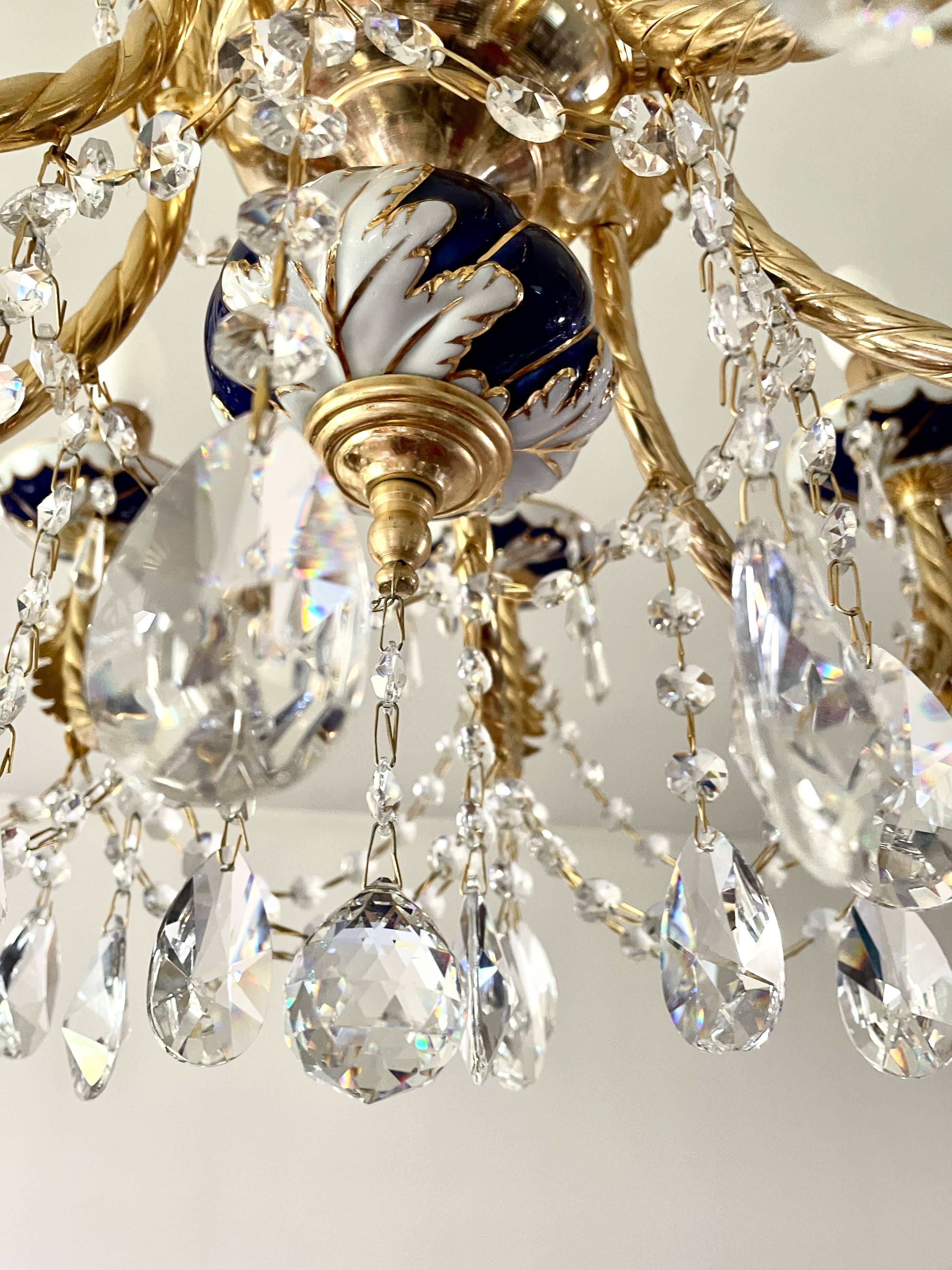 Large Russian chandelier in blue ceramic and crystal pendants, mid-20th century