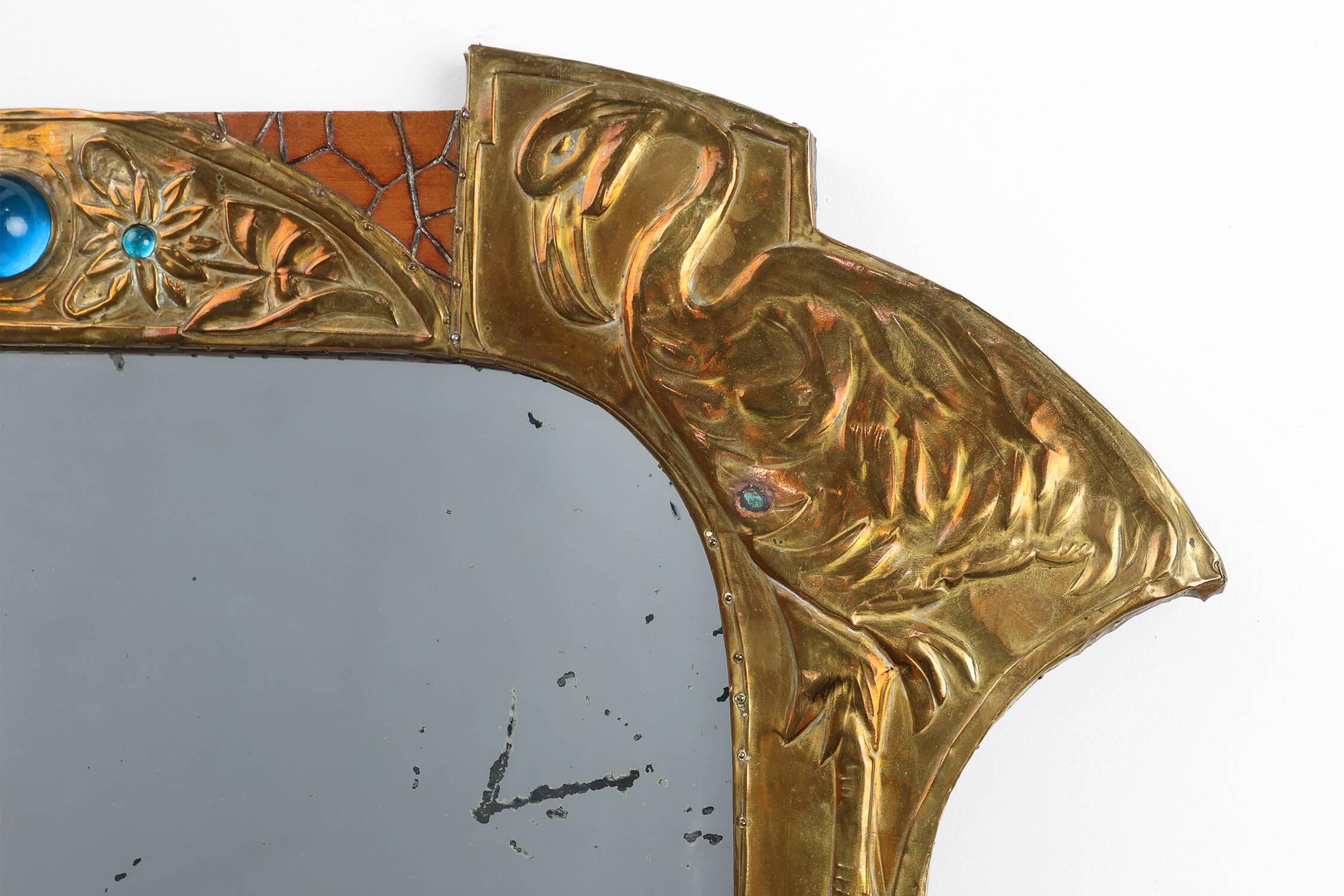 Art Nouveau Mirror in Brass and Glass Inlay, Signed A.H. Villaket, France