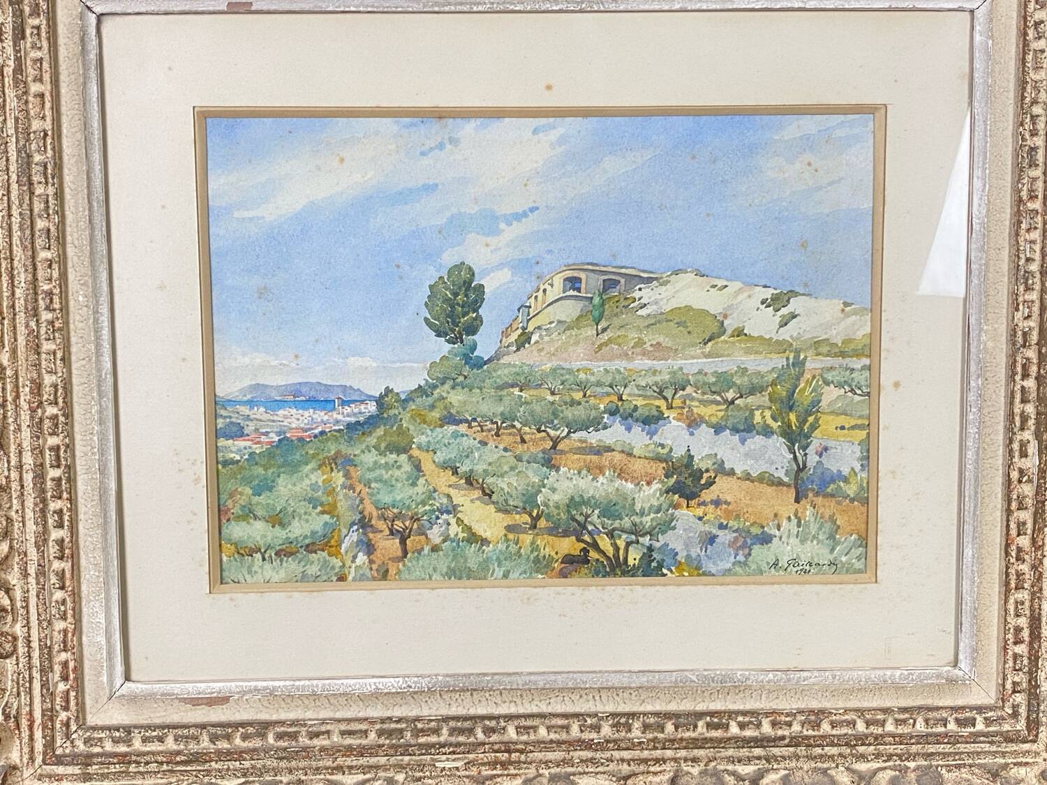Watercolour landscape of Provence "the fort on the town", early 20th century.