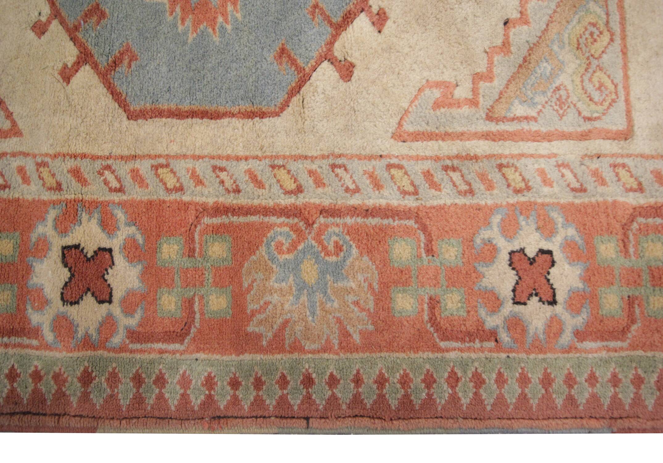 Handmade Rustic Vintage Turkish Rug, Beige & Blue Geometric Rug 220x145 cm