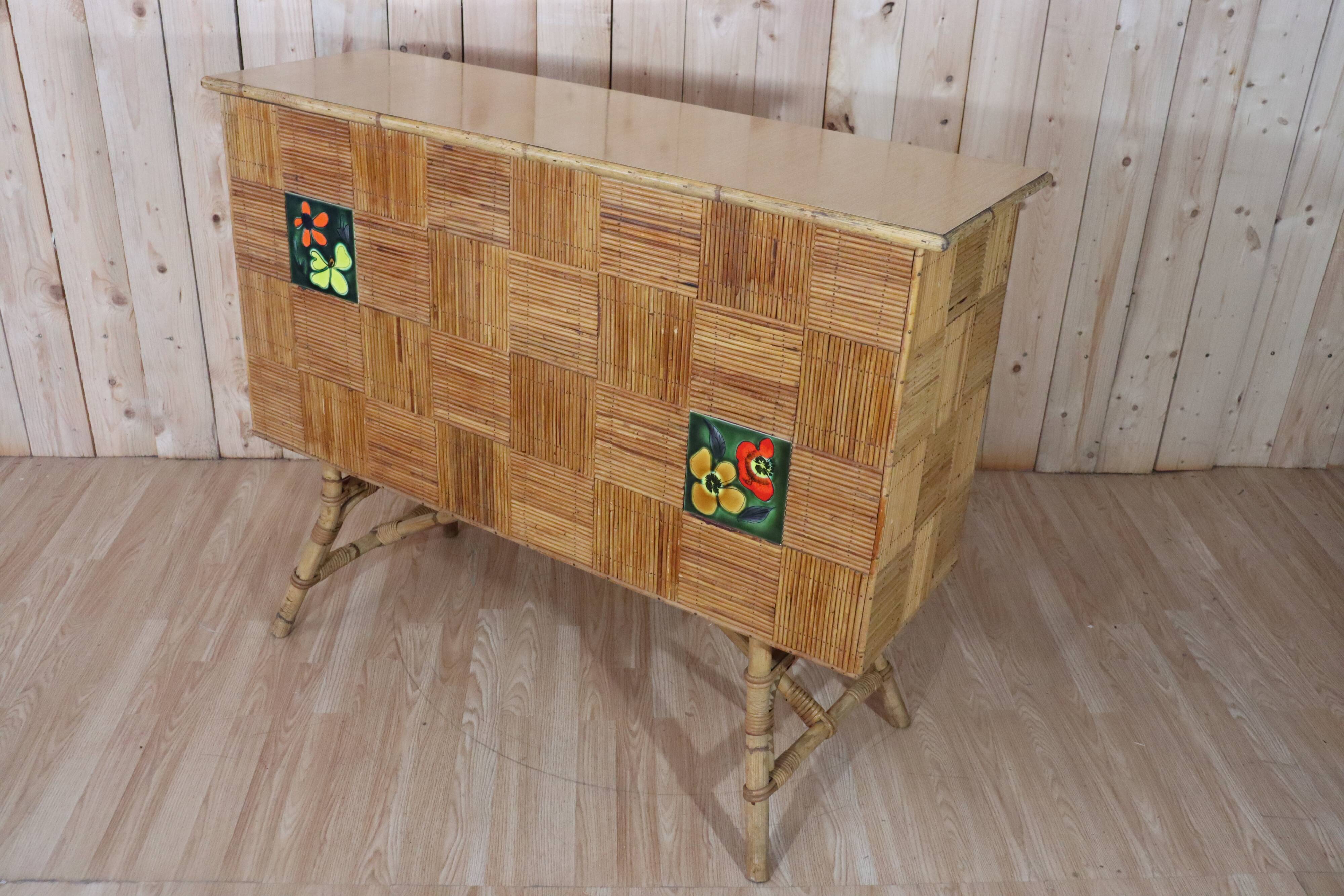 Rattan & ceramic bar attributed to Audoux Minet