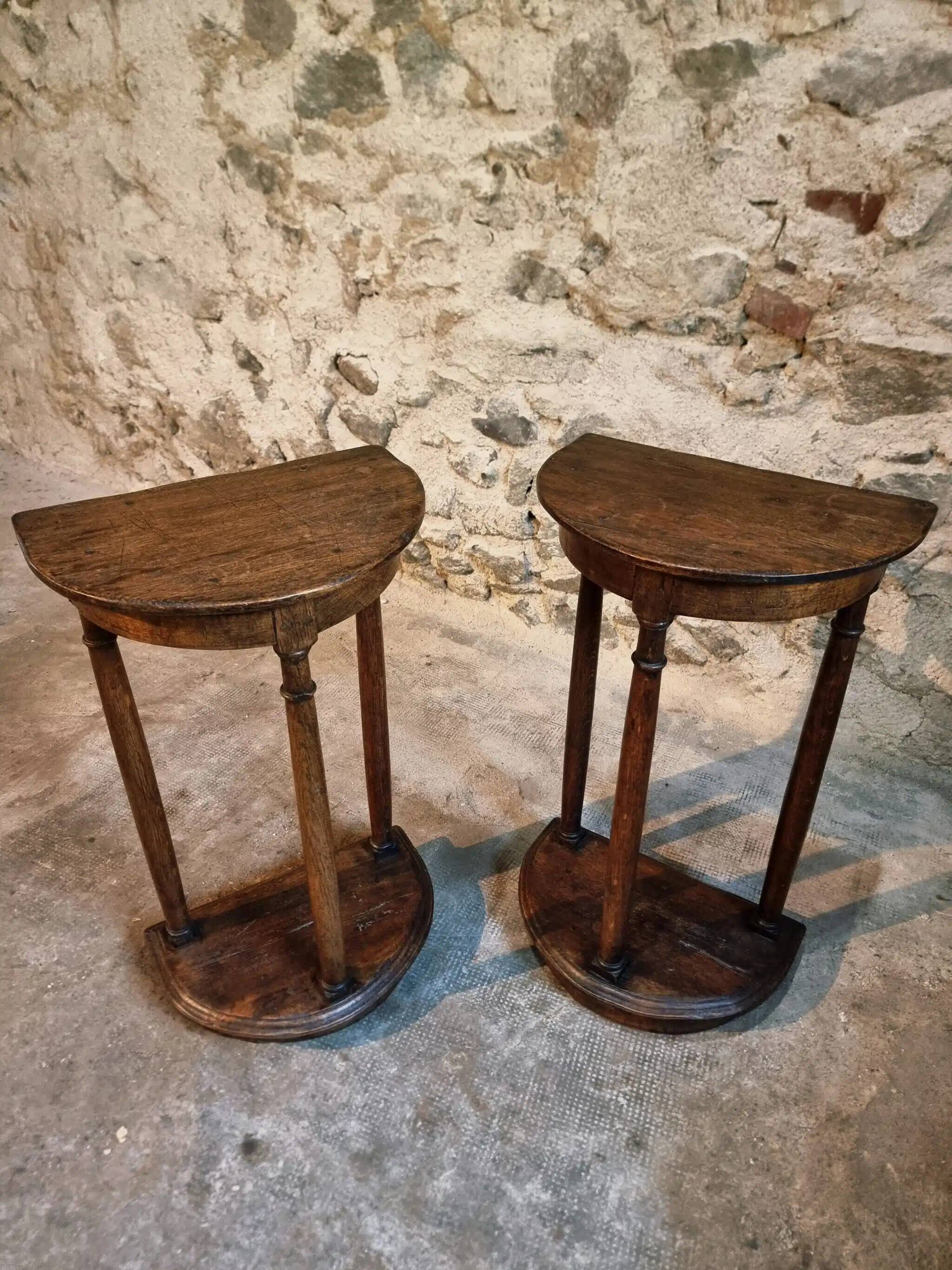 Pair of antique solid wood half-moon side tables, 19th century