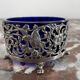 Vintage, salt shaker, saleron, metal, silver 830, indigo blue glass, eagle decoration, flowers, hallmark