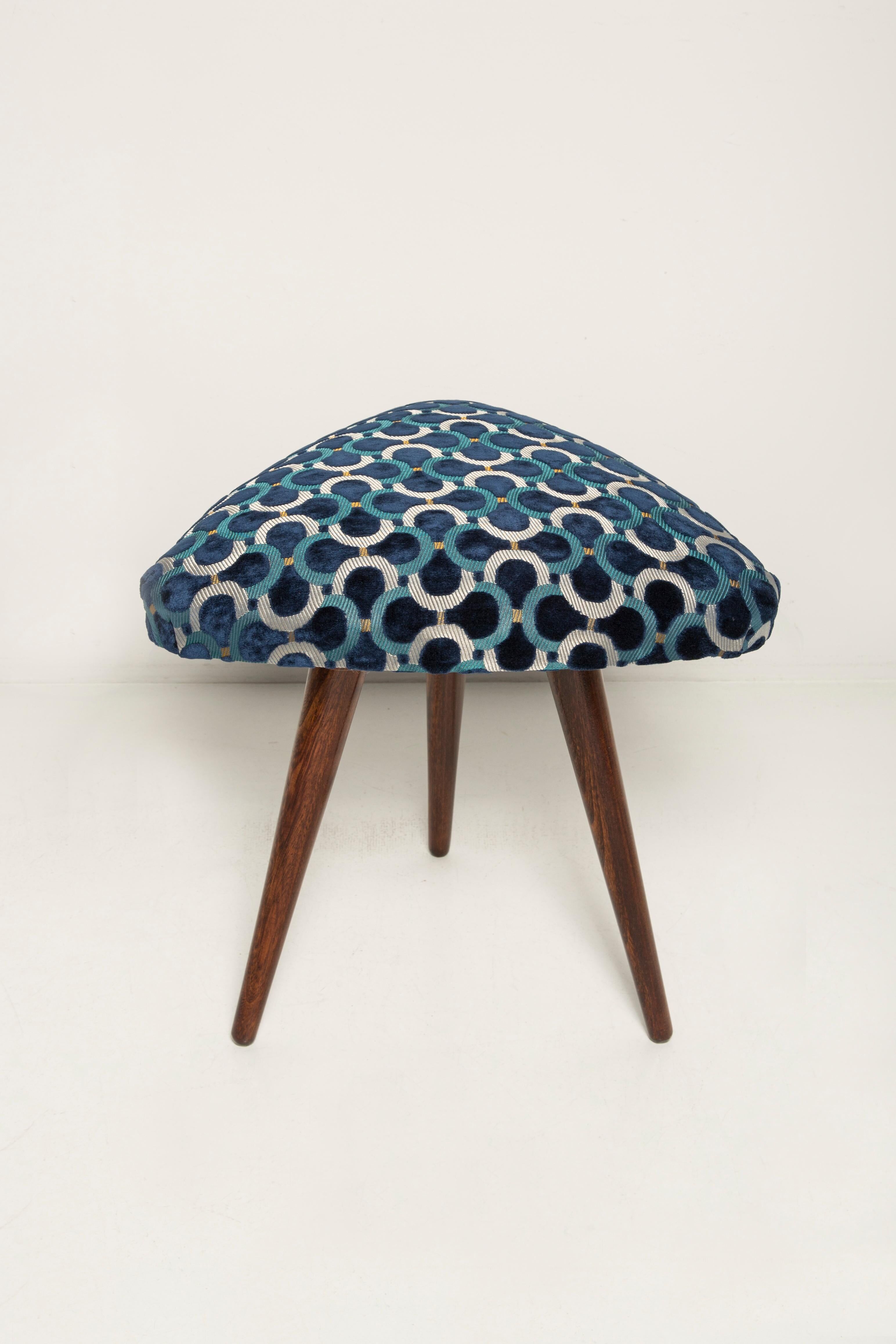 Set of two Scarabeo triangle stools in blue Dedar velvet, mid-century, Europe, 1960s.