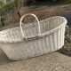 Rustic white woven wicker laundry basket — 1960s, large oval shape 77×41×25 cm