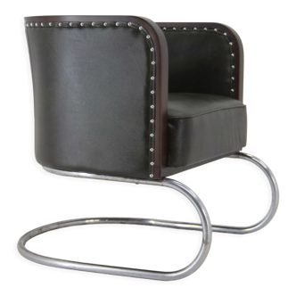 Fauteuil tubulaire Bauhaus en cuir vert, années 1930, restauré