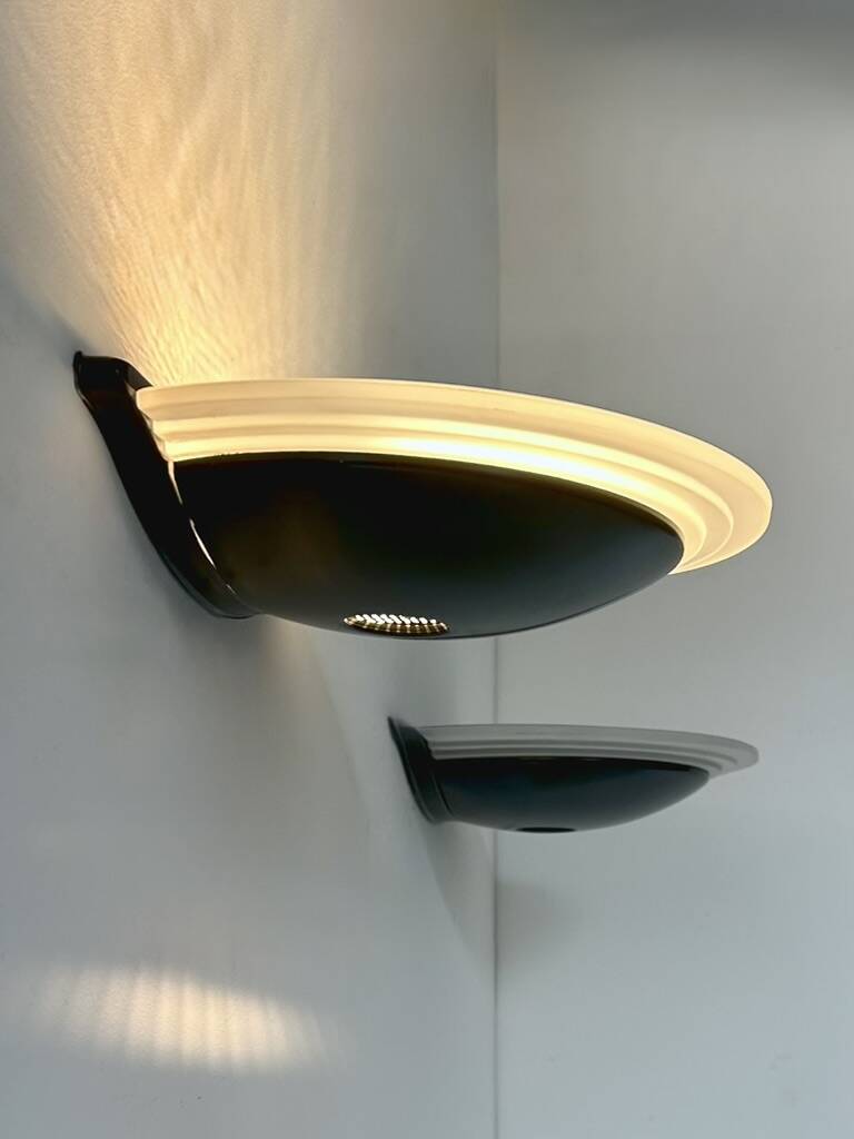 Pair of vintage wall lights in black metal and glass, France, 1970.
