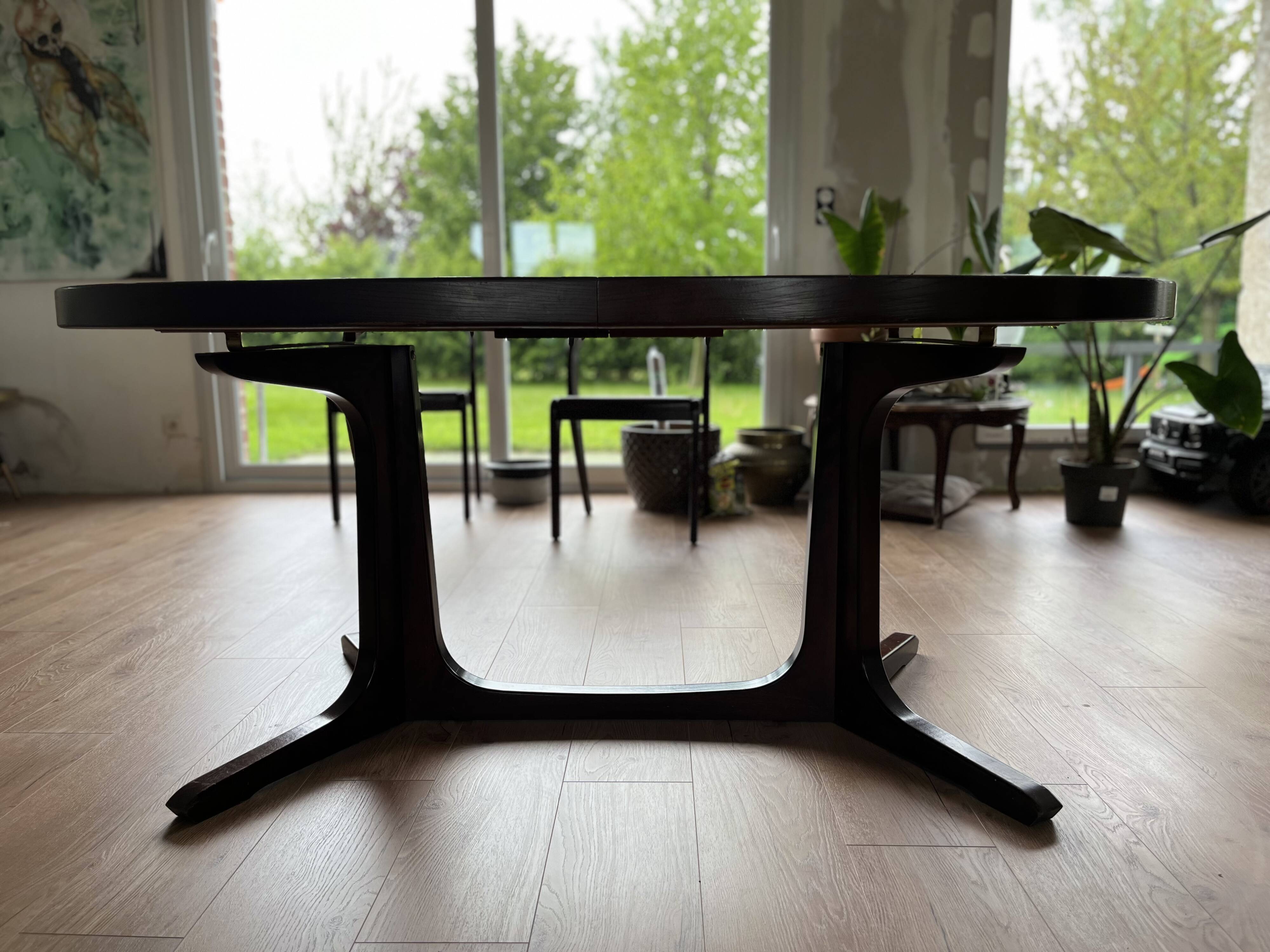 Baumann oval extendable dining room table and 6 Baumann Sled chairs known as gondola
