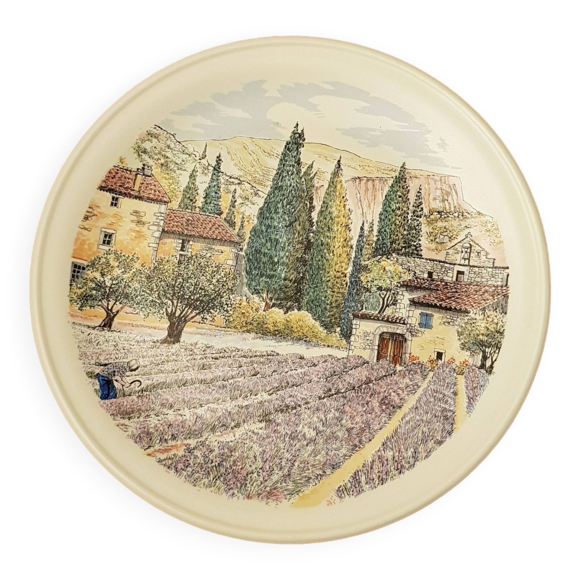 Decorative flat plate in Castelroux porcelain. Provencal scene, Landscape of Provence France